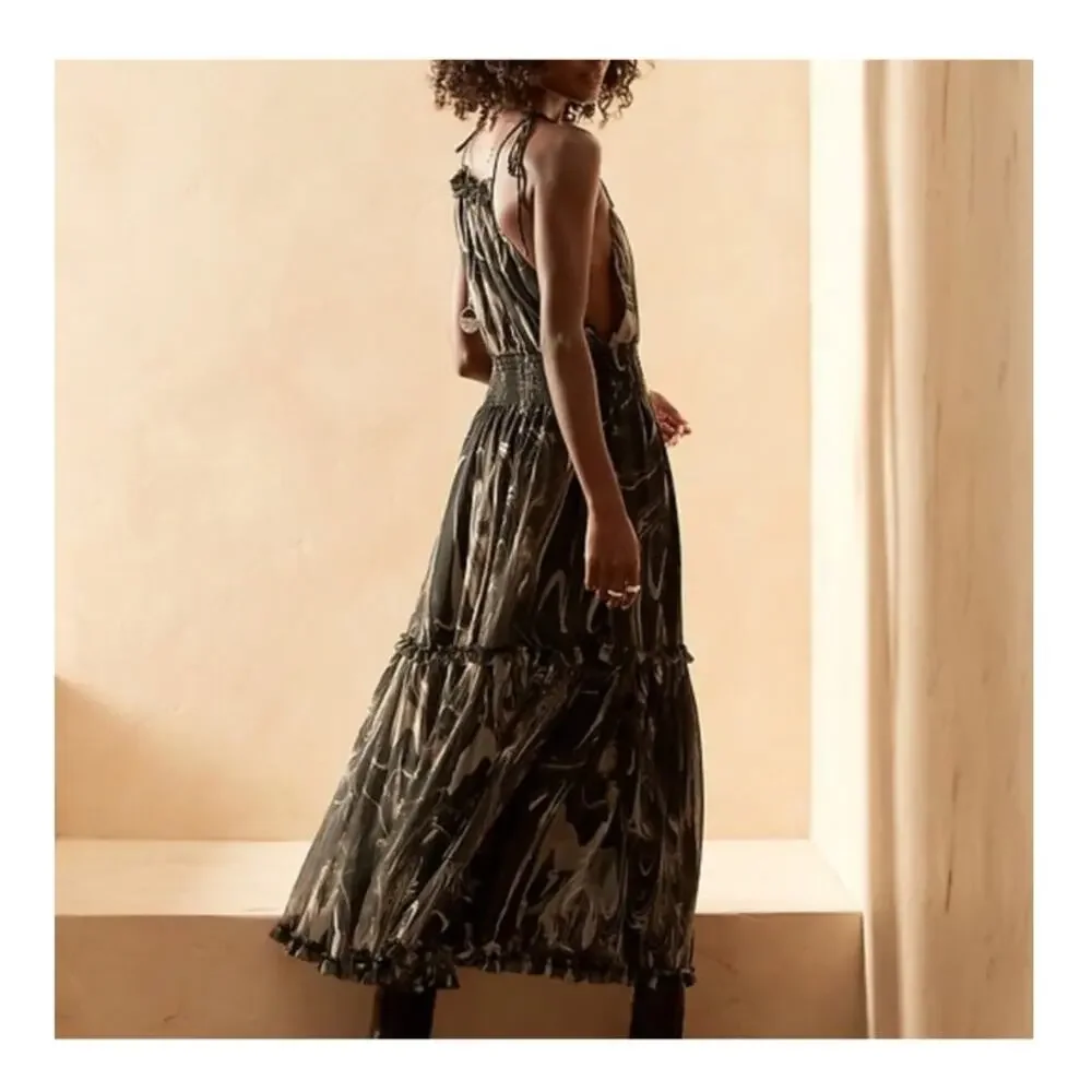 Banana Republic Marbled Halter Smocked Waist Maxi Dress Women's Small Black Tan